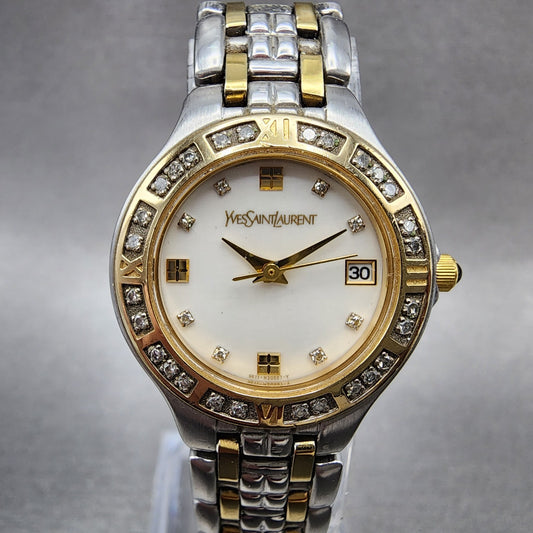 Yves Saint Laurent Watch Women 25mm MOP Dial Two Tone Diamond Bezel New Battery0