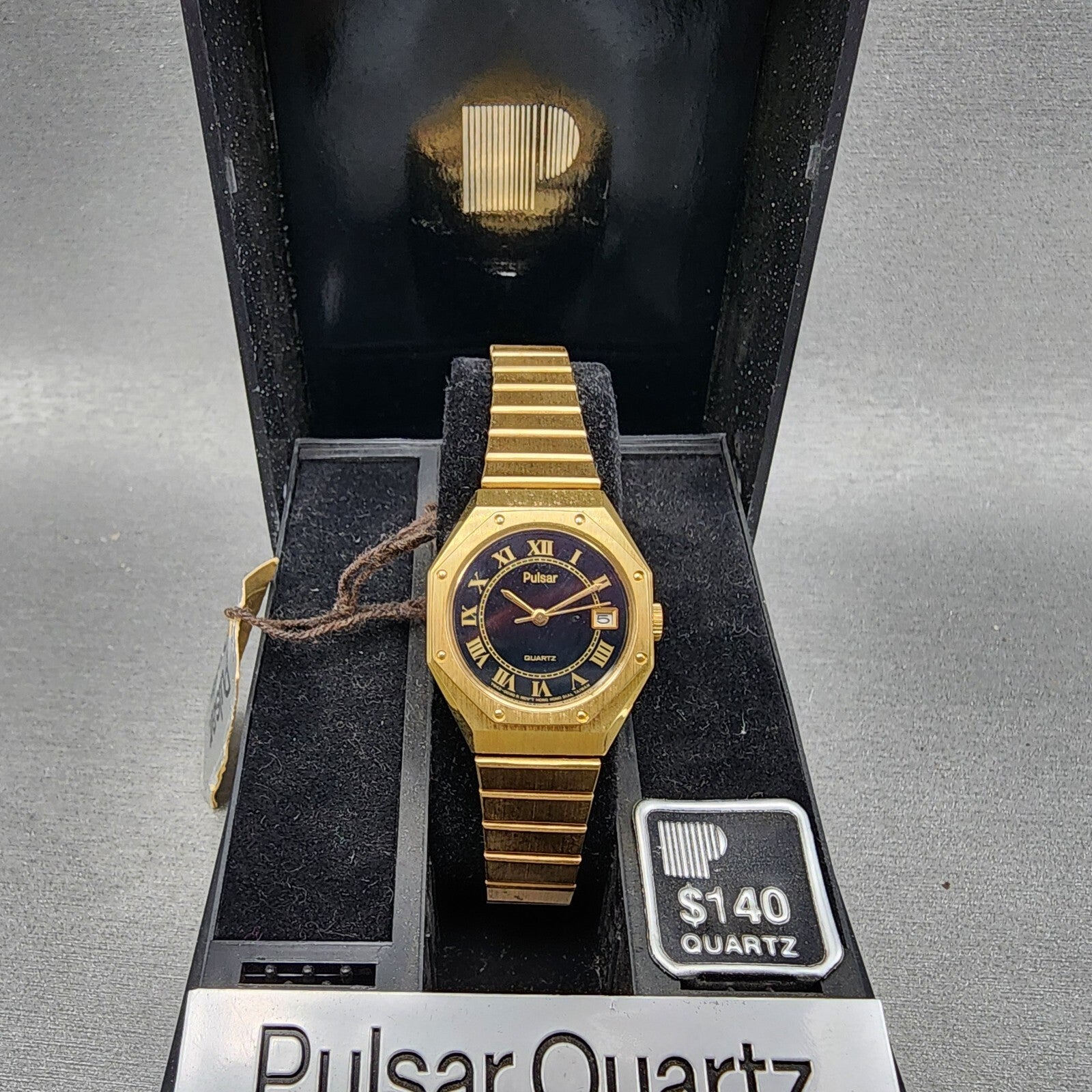 Pulsar Watch Women 24mm Black Dial Gold Tone Date Round Y6420030 New Batt NOS0