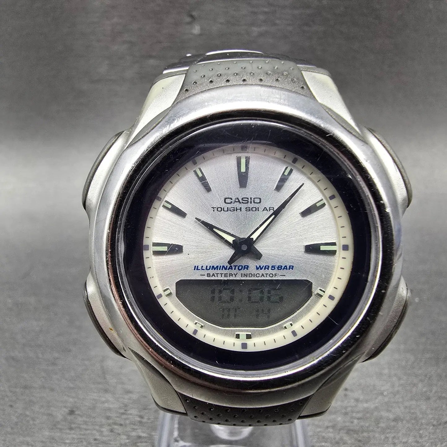 Casio AW-S90 Watch Men 41mm Silver Dial Silver Tone Analog Digital Solar Works0