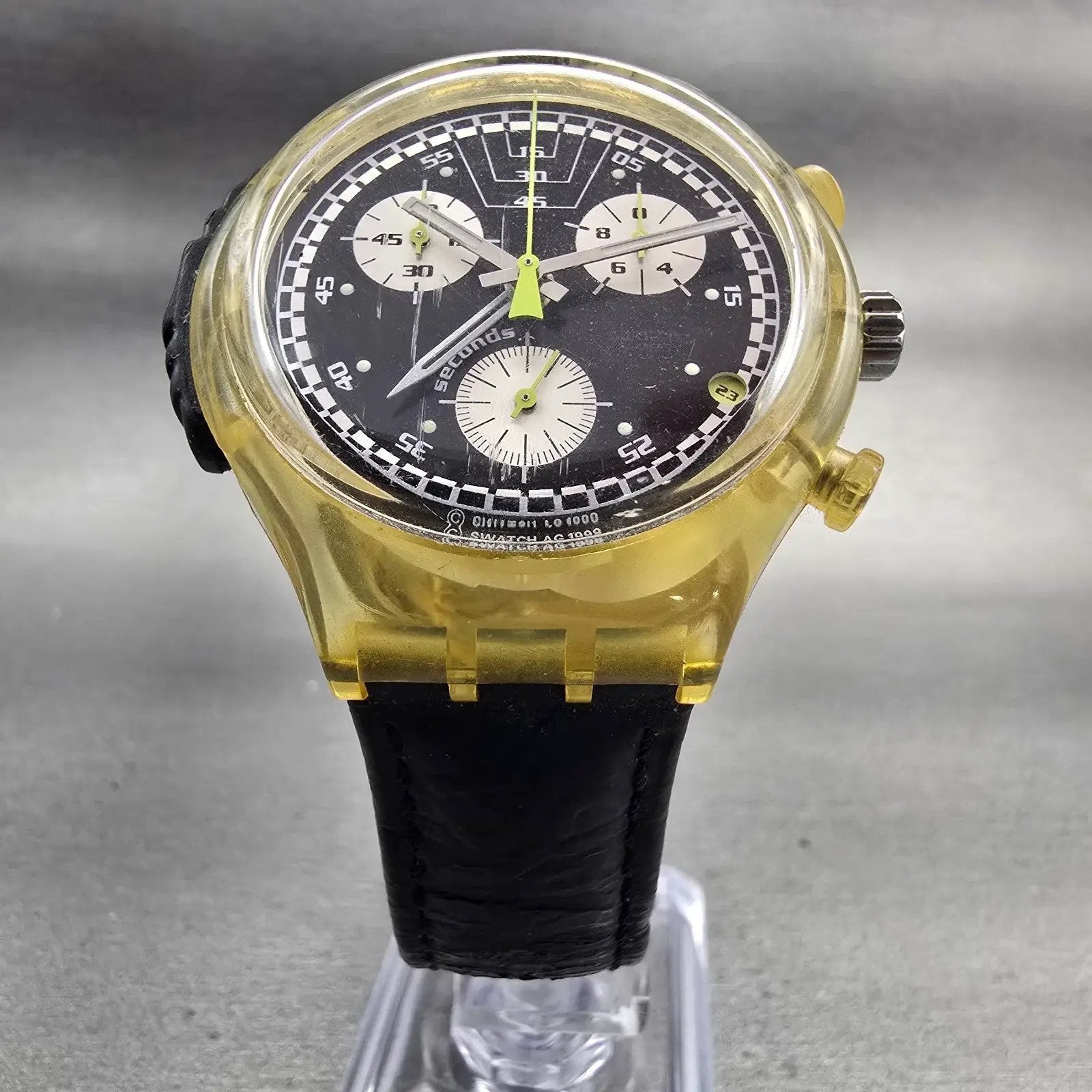 Swatch RAMONEUR Watch Men Black Dial Clear Case Chrono Alarm SOK400 New Battery5