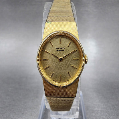 Seiko Watch Women 17mm Gold Dial Gold Tone Oval 1400-5219 New Battery VTG