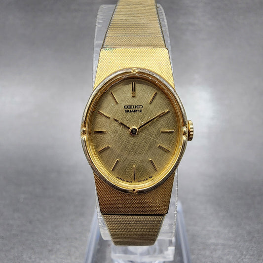 Seiko Watch Women 17mm Gold Dial Gold Tone Oval 1400-5219 New Battery VTG