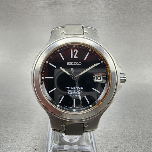 Seiko Presage Perpetual Calendar Watch Men 37mm Black Dial Steel Date New Batt