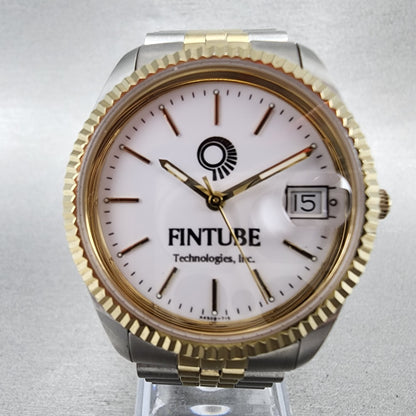 Fintube President Watch Men 35mm White Dial Two Tone Date Round New Battery 7151