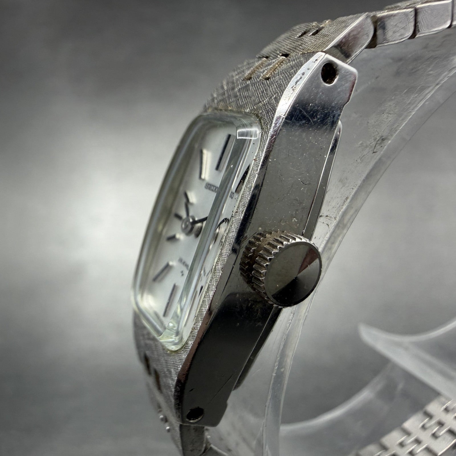 Seiko Watch Women 14mm Silver Dial Silver Tone Rectangle Manual Wind Runs2