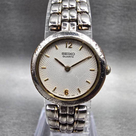 Seiko Watch Women 21mm White Dial Two Tone Round 4N00-0791 New Battery Vintage P0