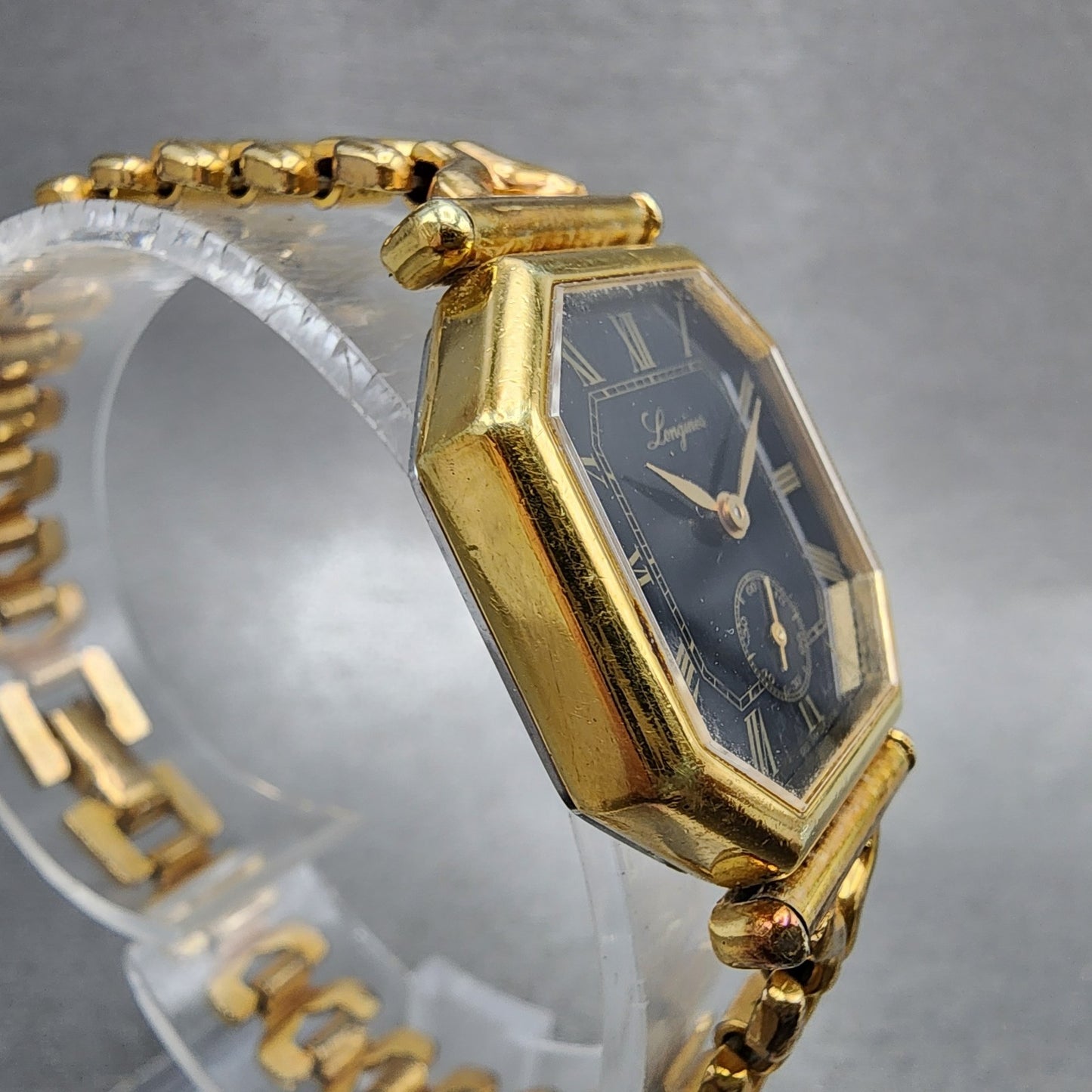 Longines Watch Women 24mm Black Dial Gold Plated Manual Wind Runs Octagon VTG3