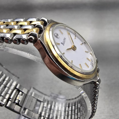 Bulova Watch Women 24mm White Dial Two Tone Diamond Accent Round 98P04 New Batt3