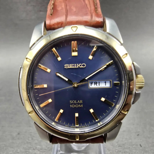 Seiko Solar Watch Men 39mm Blue Dial Two Tone Daydate Round V158-0AD0 Runs0