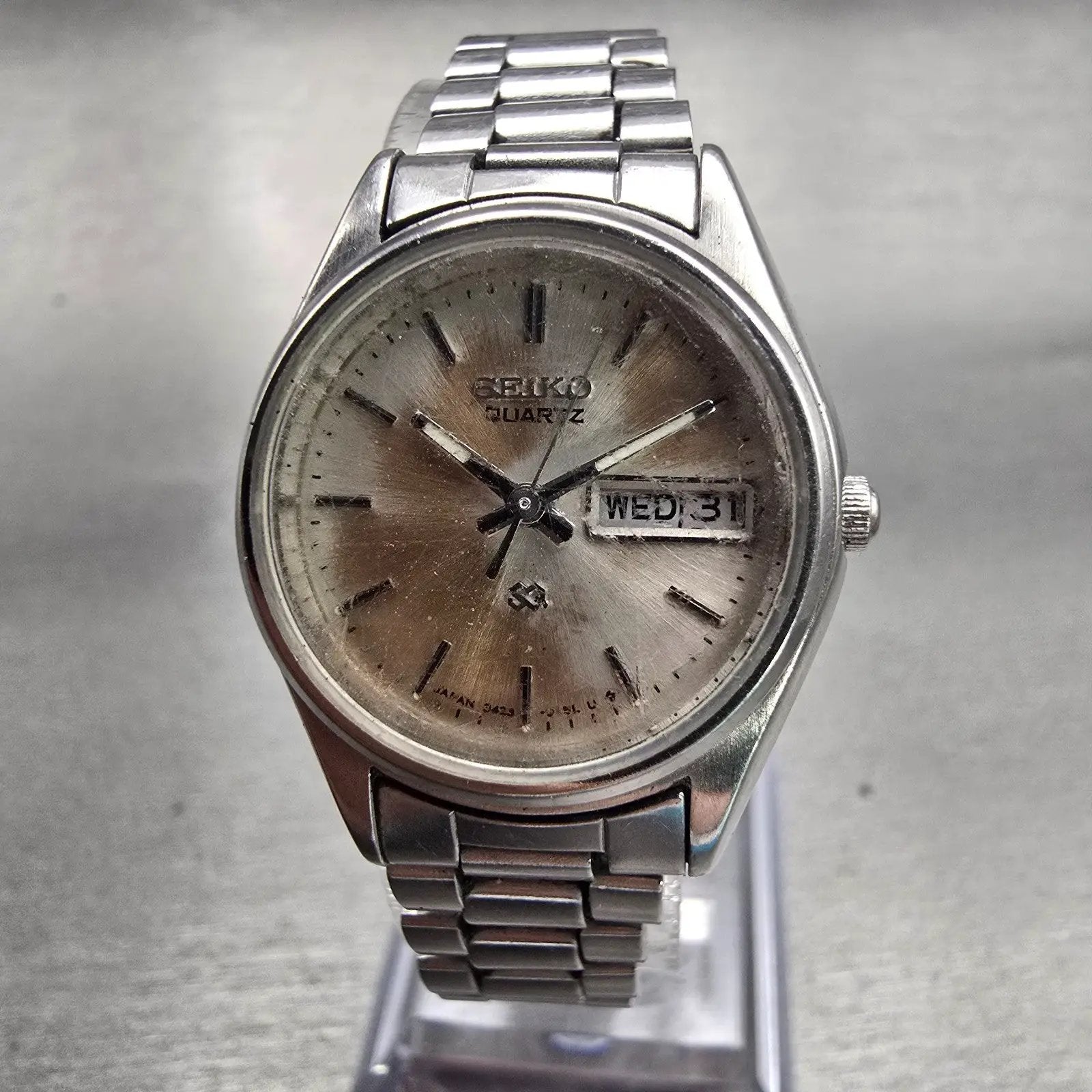 Seiko SQ Watch Women 24mm Bronze Dial Silver Tone Daydate 3423-0099 New Battery0