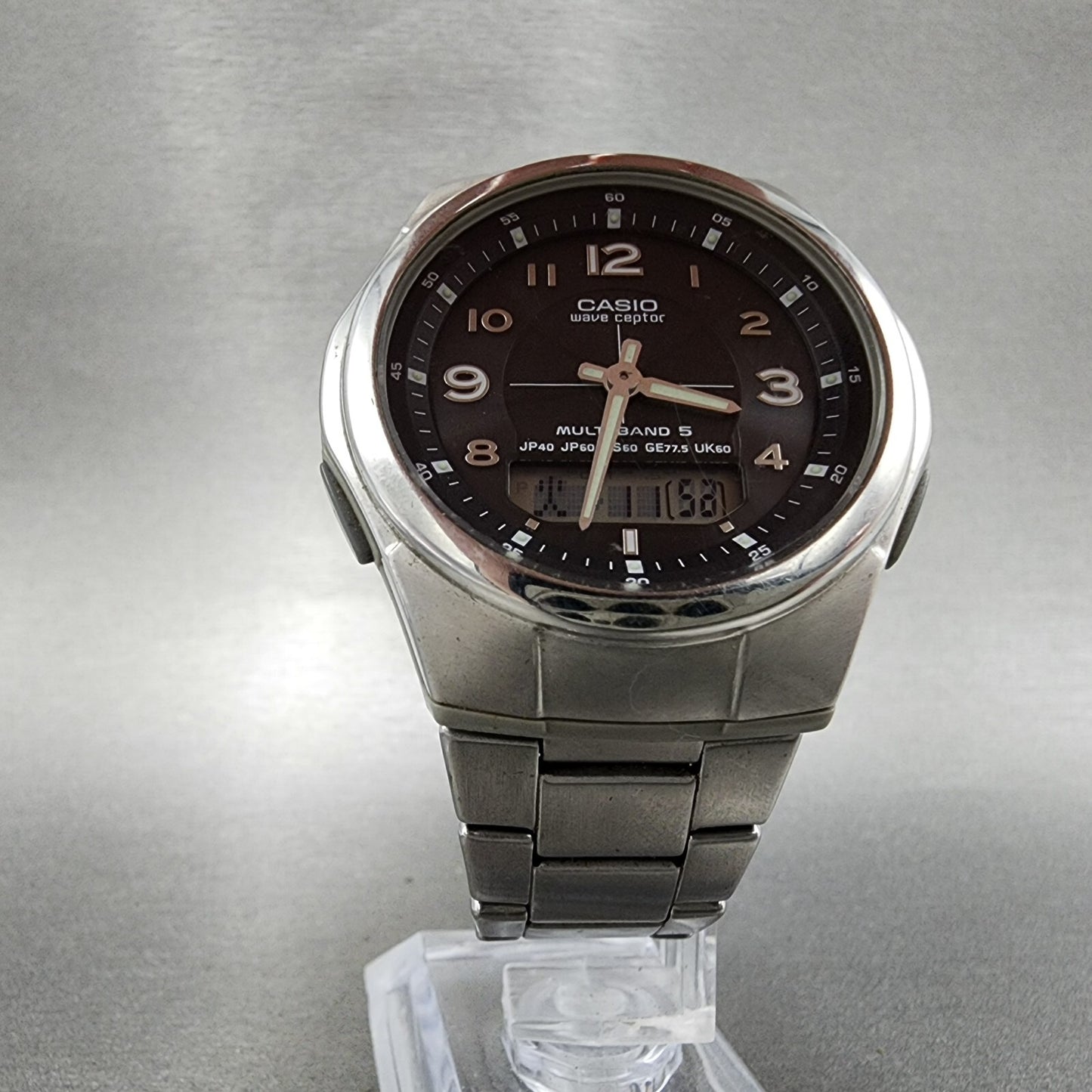 Casio Wave Ceptor Watch Men 41mm Black Dial Steel Analog Digital Solar Runs5