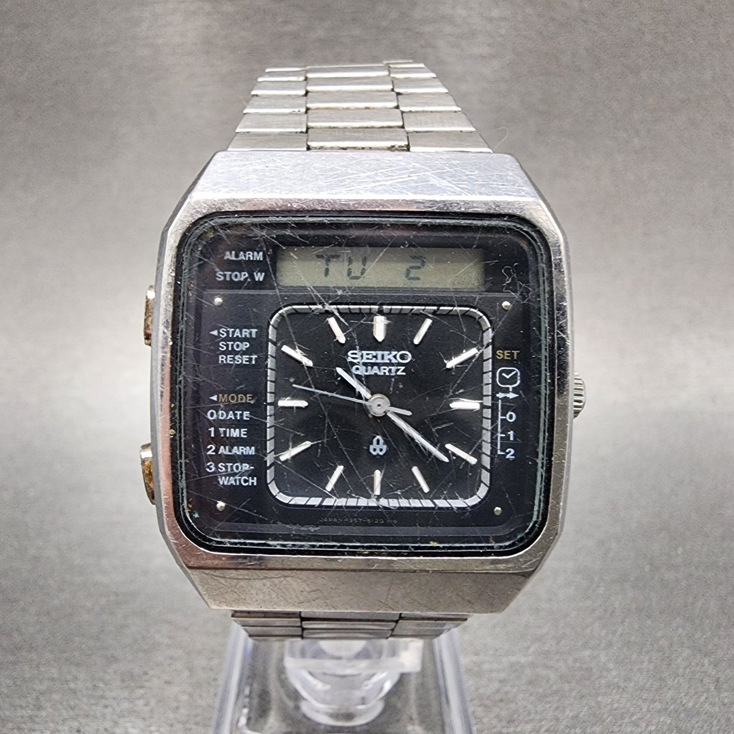Seiko Analog Digital Watch Men 34mm Alarm Black Dial Steel Date H3575060 PARTS0