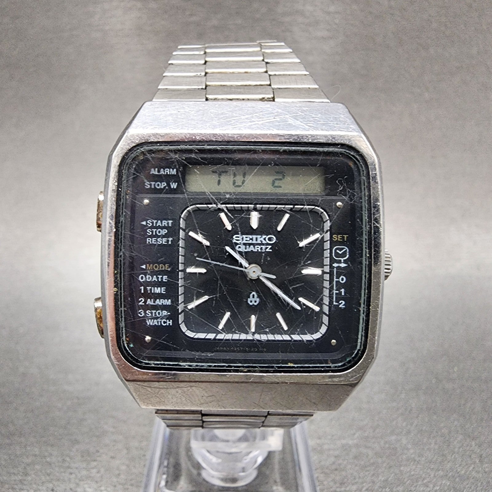 Seiko Analog Digital Watch Men 34mm Alarm Black Dial Steel Date H3575060 PARTS0