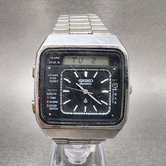Seiko Analog Digital Watch Men 34mm Alarm Black Dial Steel Date H3575060 PARTS0