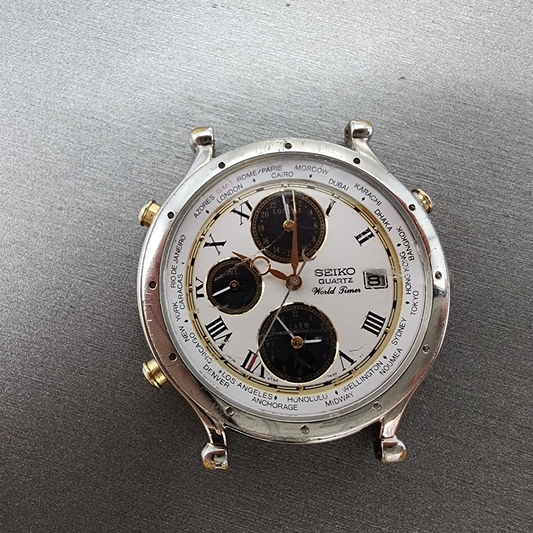 Seiko Age Of Discovery World Time Watch Men 39mm White Dial Steel 5t52-7a10 PART