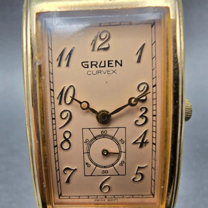 Gruen Curvex Watch Men 22mm Pink Dial Gold Tone Small Second Rectangle New Bat1