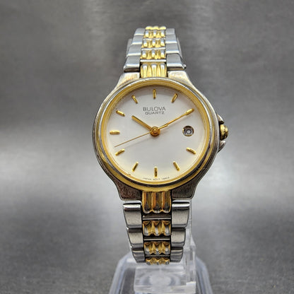 Bulova Watch Women 27mm White Dial Two Tone Date Round 98M14 New Battery