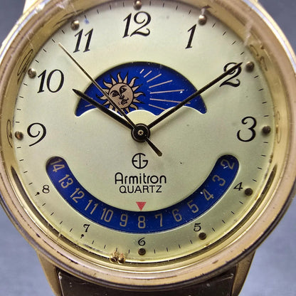 Armitron Day Night Watch Men 32mm Gold Dial Gold Tone Date Round READ!! New Batt1