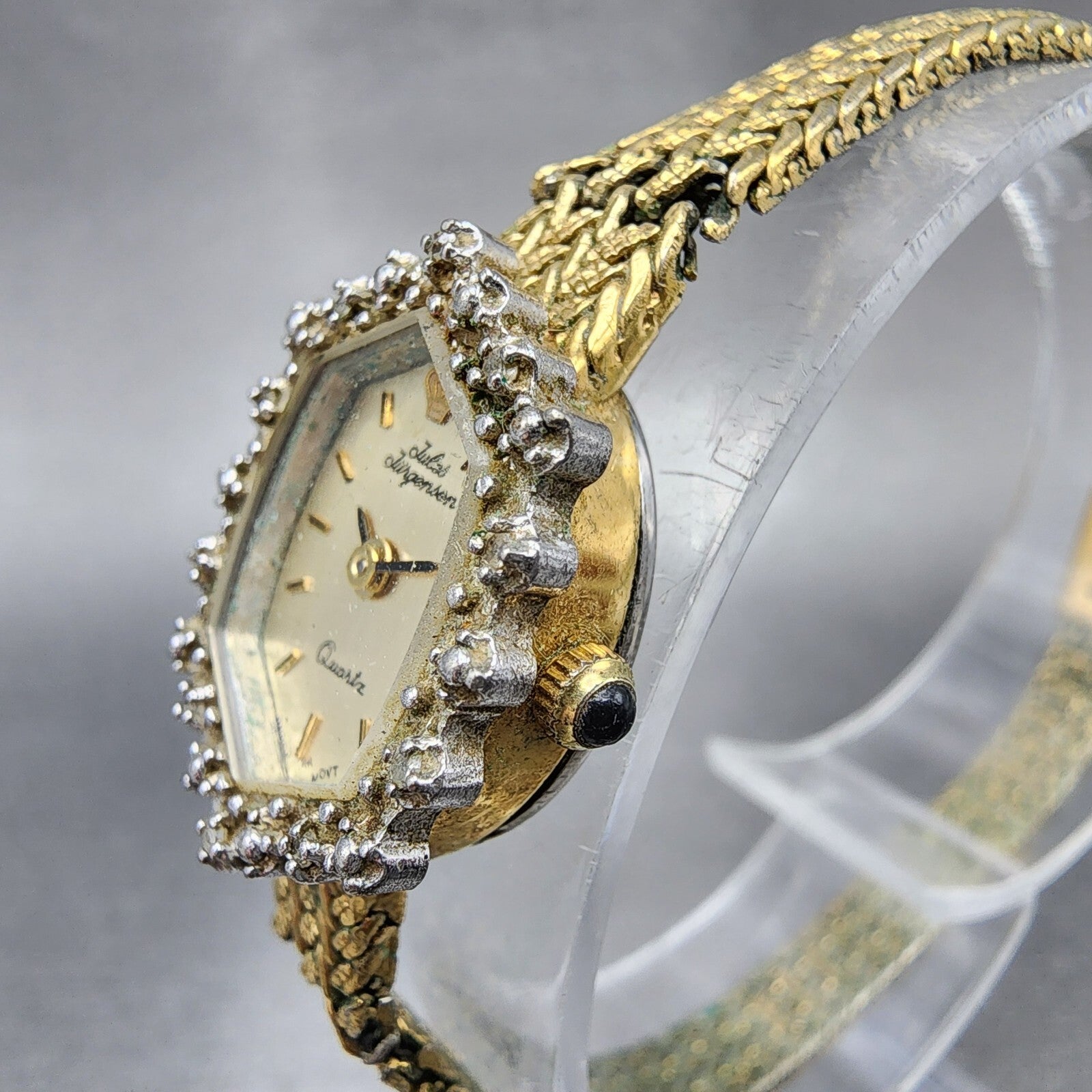 Jules Jurgenson Watch Women 15mm Gold Dial Gold Tone Hexagon Gem Set Bezel Runs2
