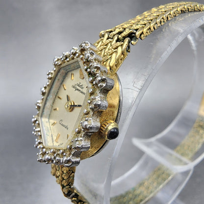 Jules Jurgenson Watch Women 15mm Gold Dial Gold Tone Hexagon Gem Set Bezel Runs2