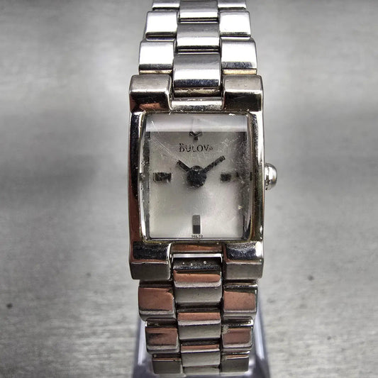 Bulova Watch Women 15mm Silver Dial Silver Tone Rectangle 96L70 New Battery0