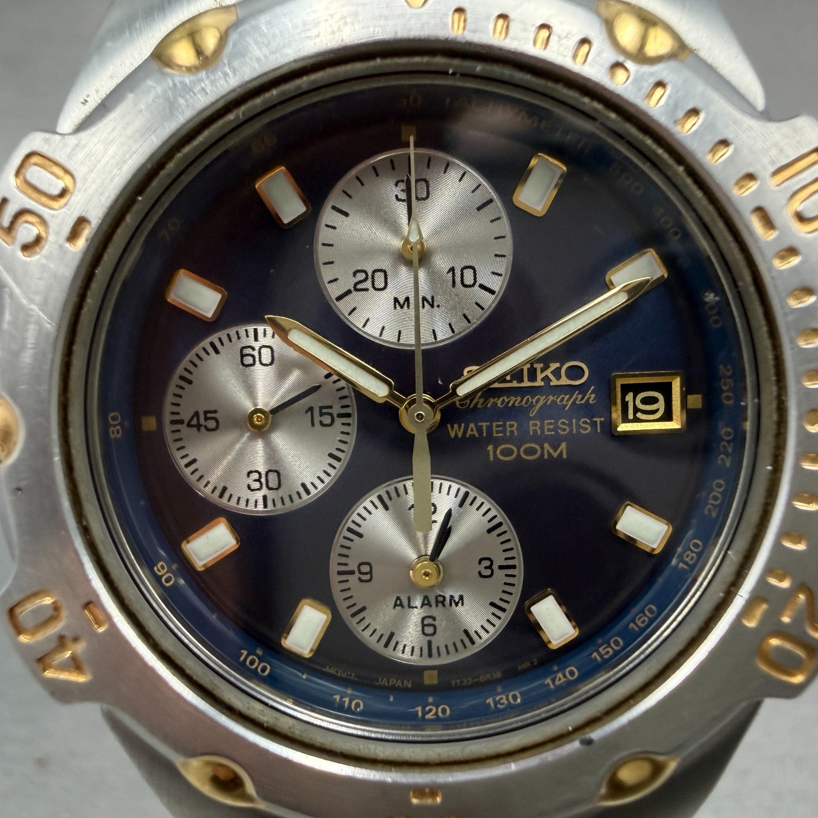 Seiko Chronograph Watch Men 40mm Blue Dial Two Tone Date 7T32-6M49 PARTS Vintage2