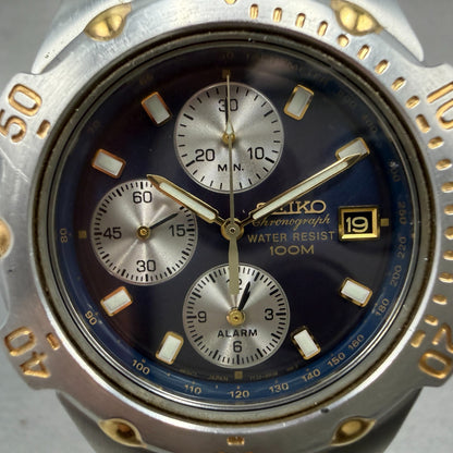 Seiko Chronograph Watch Men 40mm Blue Dial Two Tone Date 7T32-6M49 PARTS Vintage2