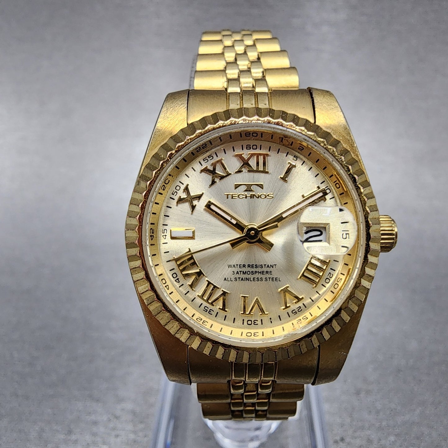 Technos Datejust Watch Women 27mm Champange Dial Gold Tone Date Round New Batt0