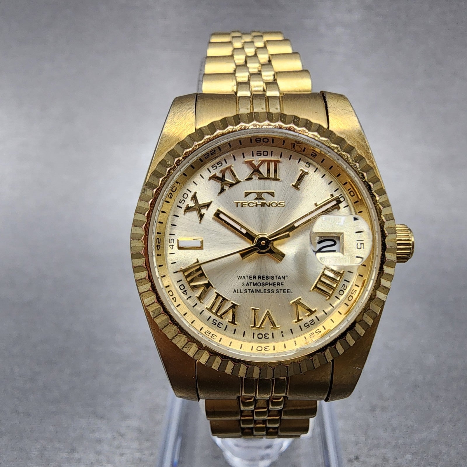 Technos Datejust Watch Women 27mm Champange Dial Gold Tone Date Round New Batt0