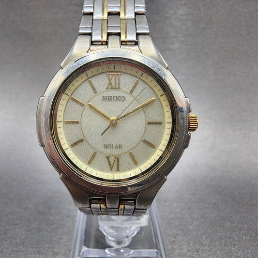 Seiko Solar Watch Men 35mm Champagne Dial Two Tone Round V181-0AK0 Runs