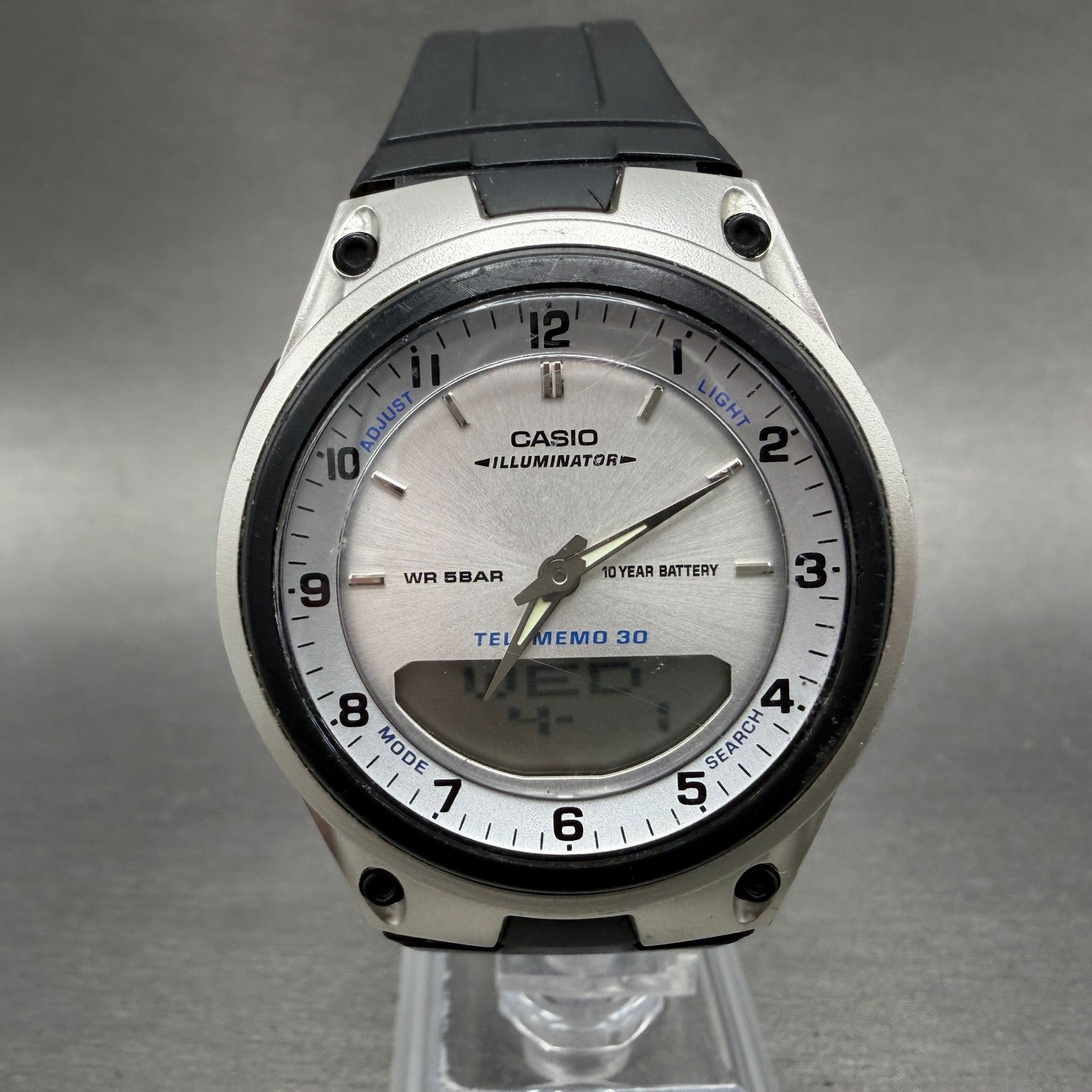 Casio Illuminator Watch Men 40mm Analog Digital Silver Alarm Chrono AW-80 NewBat0