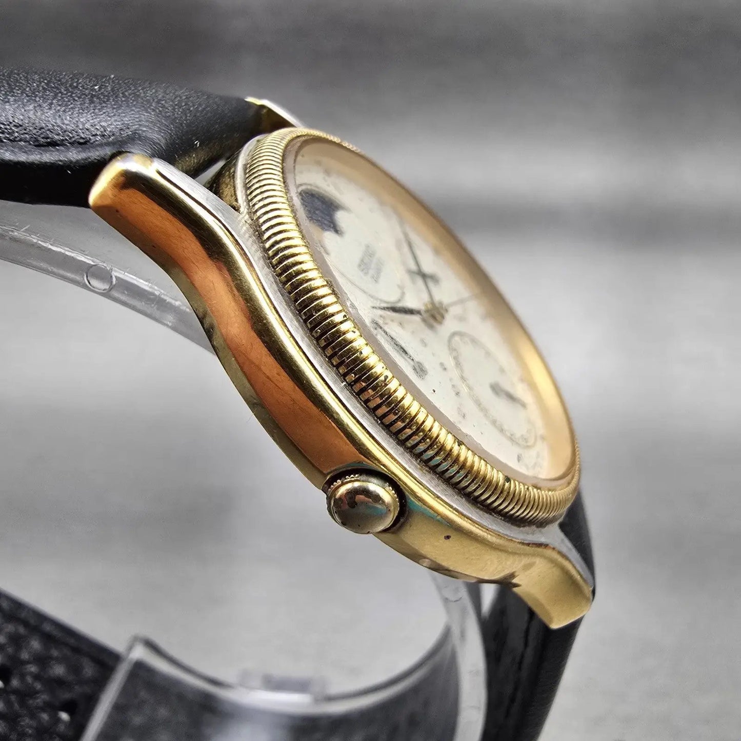 Seiko Moon Phase Watch Men 34mm Ivory Dial Gold Tone Daydate 7F39-6029 New Batt3