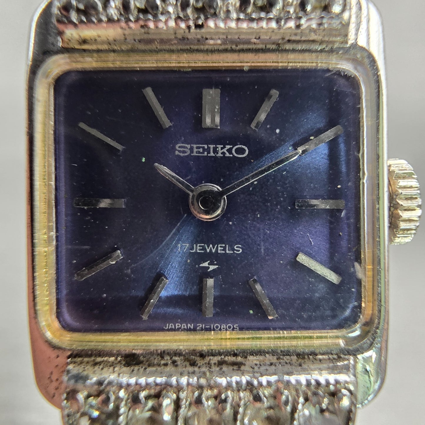 Seiko Watch Women 17mm Blue Dial Silver Tone Gemmed Rectangle 21-3141 Works VTG1