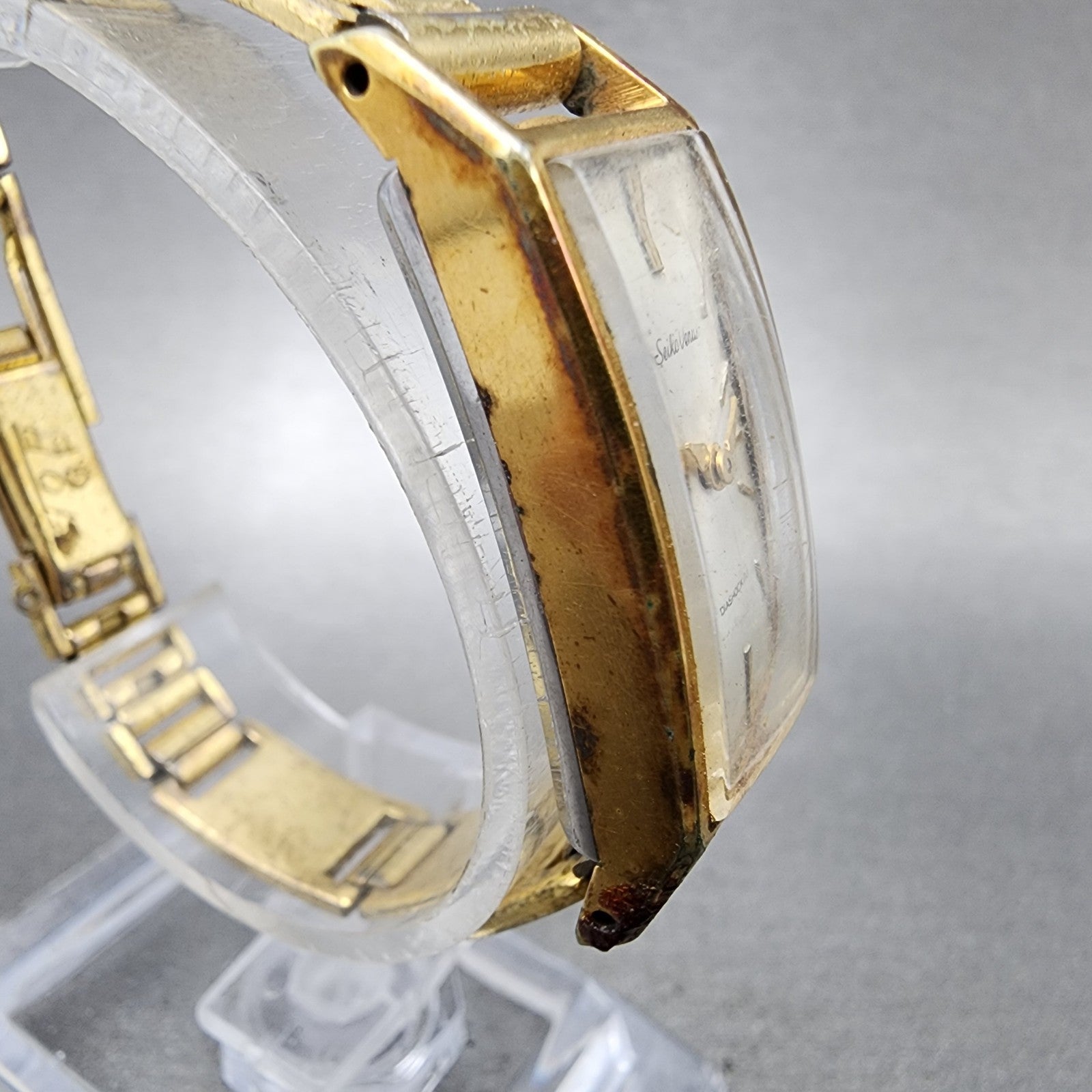 Seiko Venus Tank Watch Women 15mm Silver Dial Gold Plated Rectangle Manual Wind3