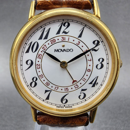 Movado Watch Men 32mm White Dial Gold Tone Pointer Date Round 87.28.860 New Batt1