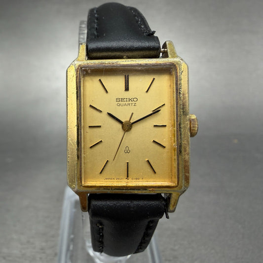 Seiko Tank Watch Women 20mm Champagne Dial Gold Tone 2621-5110 New Battery0