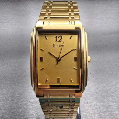 Bulova Watch Men 26mm Gold Dial Gold Tone Rectangle 97A15 New Battery Vintage0
