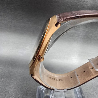 Skagen Watch Men 39mm Brown Dial Rose Gold Tone Date Round 925XLRLD New Battery2