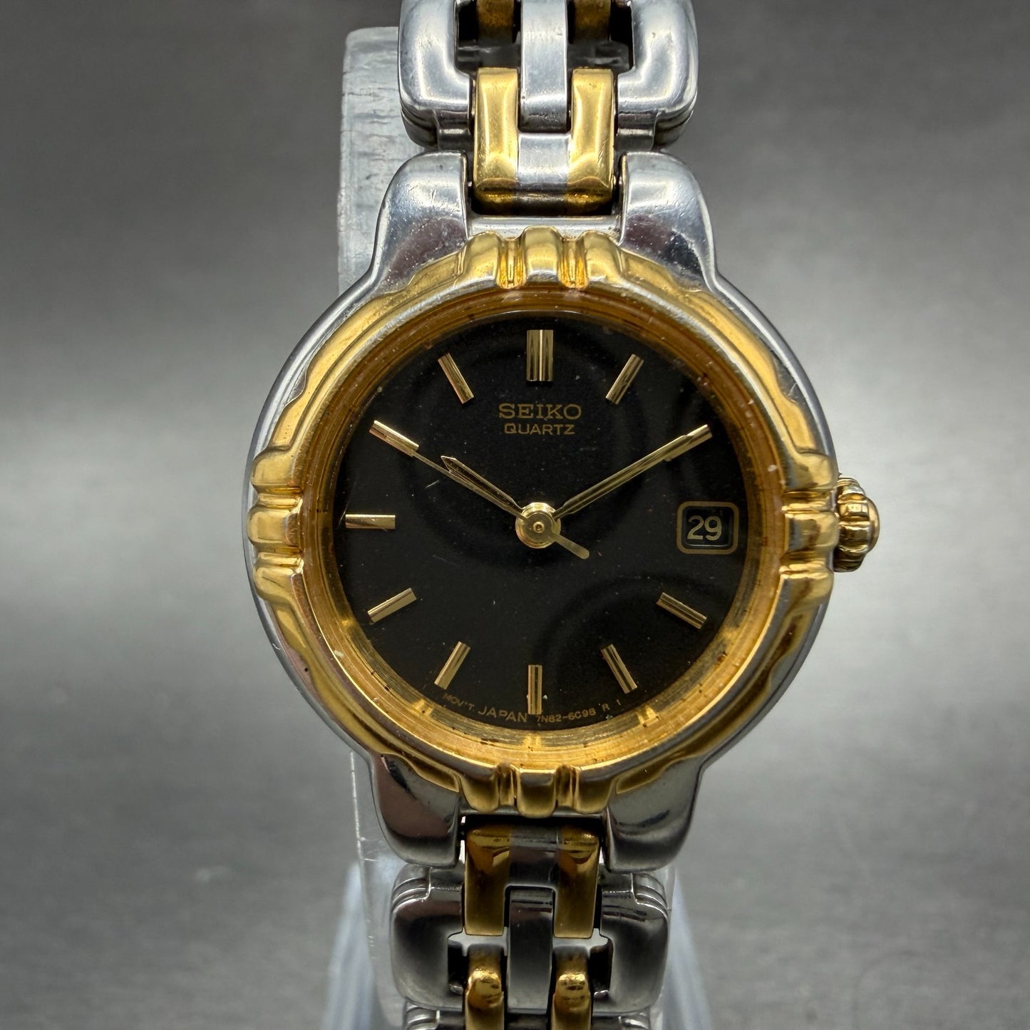 Seiko Watch Women 25mm Black Dial Two Tone Date Round 7N82-6C20 New Battery ABC0