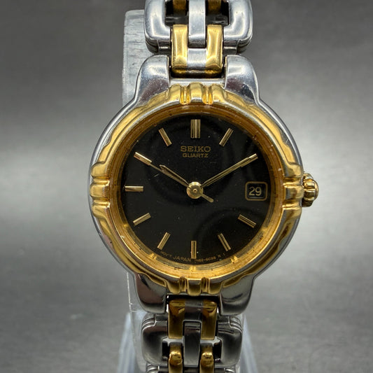 Seiko Watch Women 25mm Black Dial Two Tone Date Round 7N82-6C20 New Battery ABC0