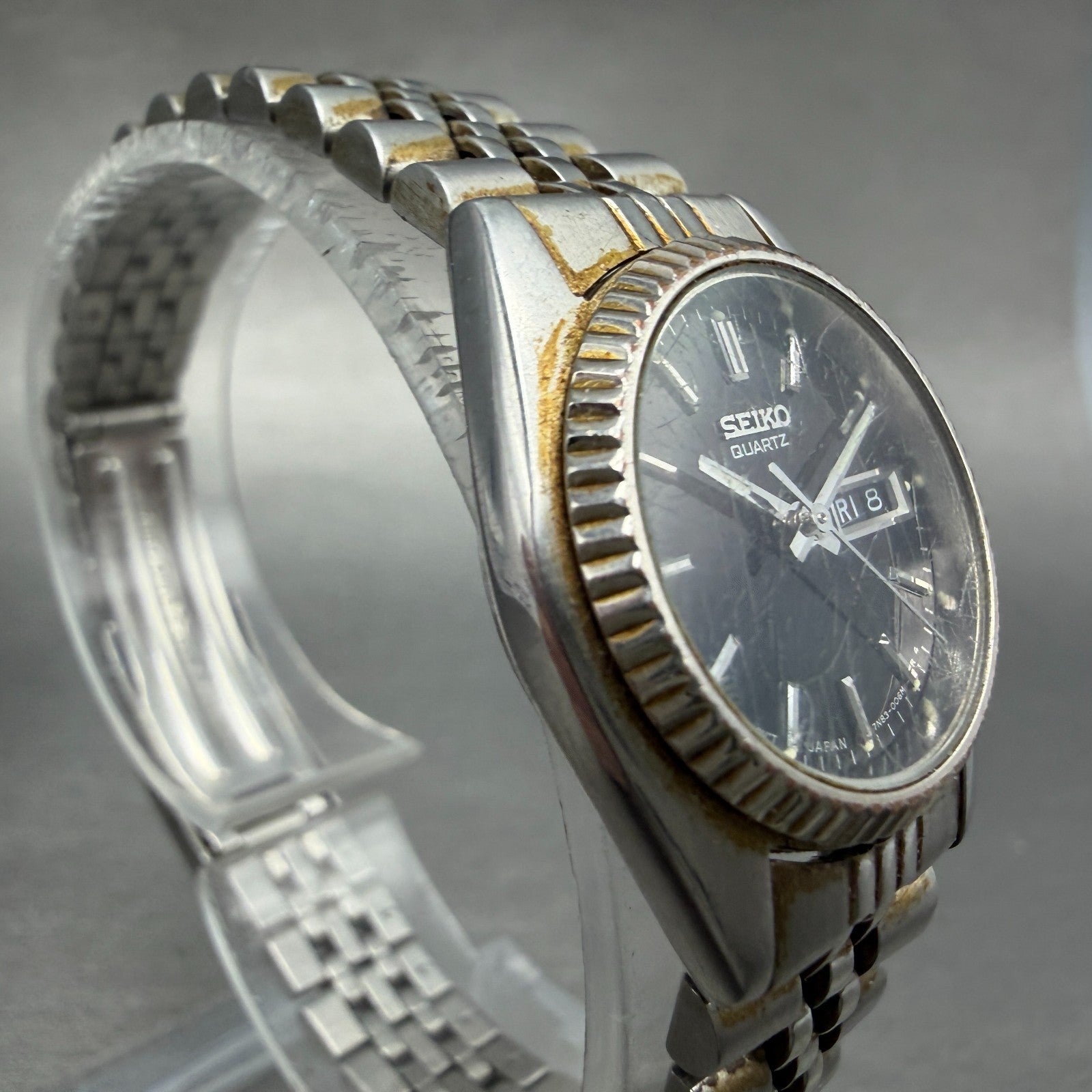 Seiko Watch Women 24mm Black Tone Silver Tone Daydate Round 7N83-0041 New Batter3