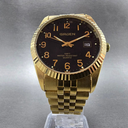 Gruen President Watch Mne 36mm Black Dial Gold Tone Date Round New Battery5