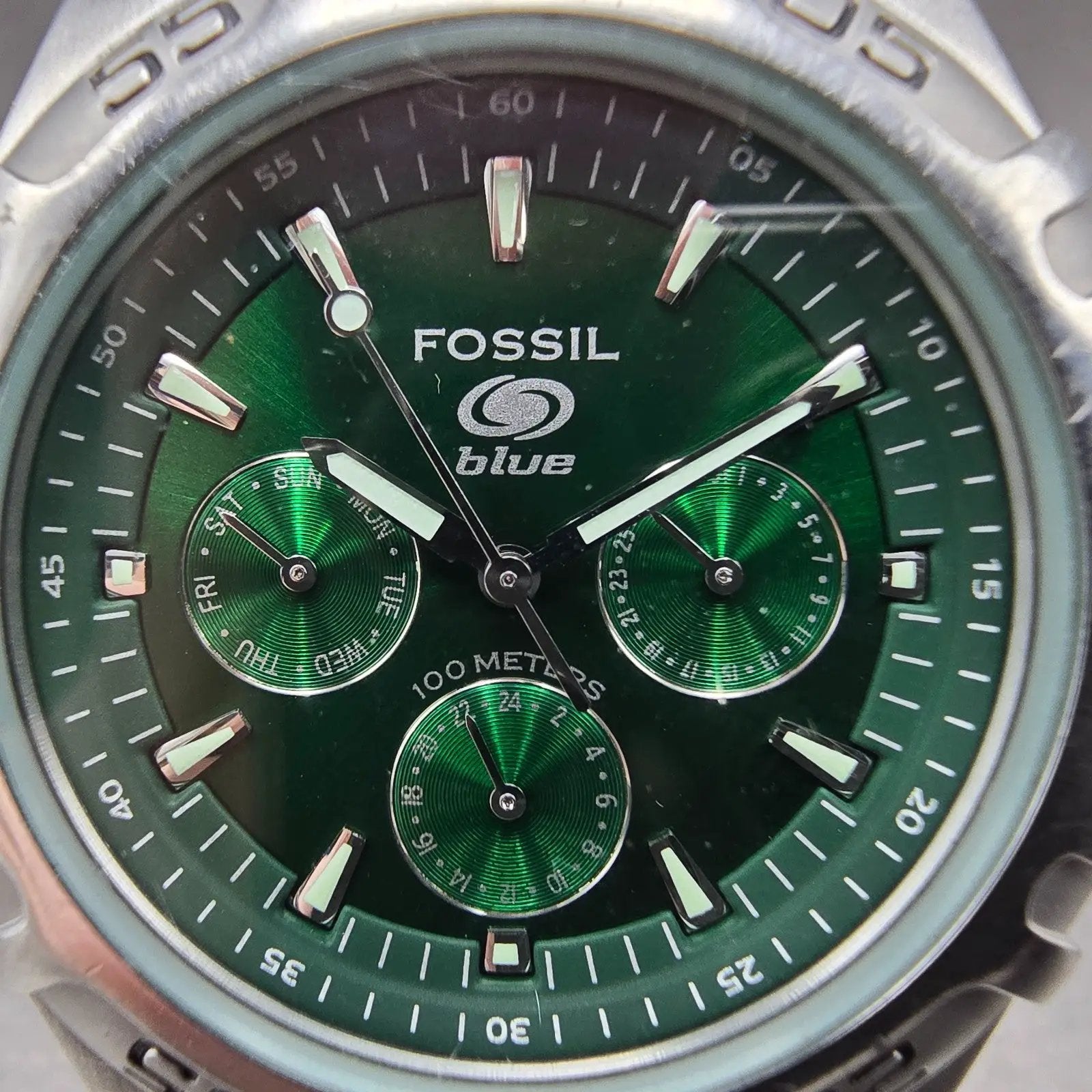 Fossil Dive Watch Men 40mm Green Dial Silver Tone Daydate Round New battery1