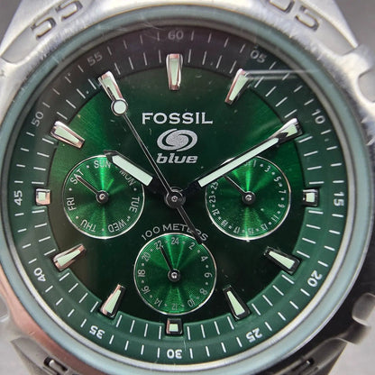 Fossil Dive Watch Men 40mm Green Dial Silver Tone Daydate Round New battery1