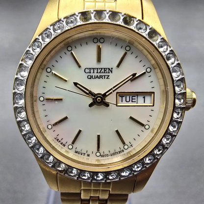 Citizen Watch Women 26mm MOP Dial Gold Tone Daydate Gemmed 1002-S044456 New Batt1