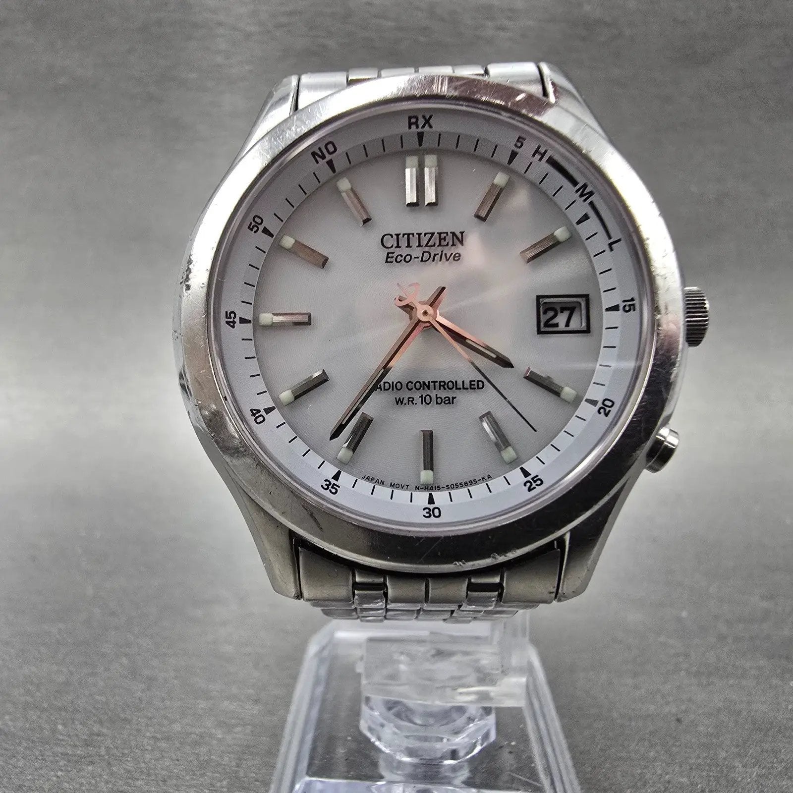 Citizen Eco-Drive Watch Men 38mm White Dial Steel Atomic Date H415 Round PARTS7