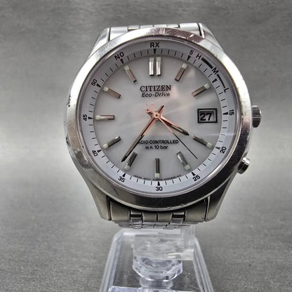 Citizen Eco-Drive Watch Men 38mm White Dial Steel Atomic Date H415 Round PARTS7