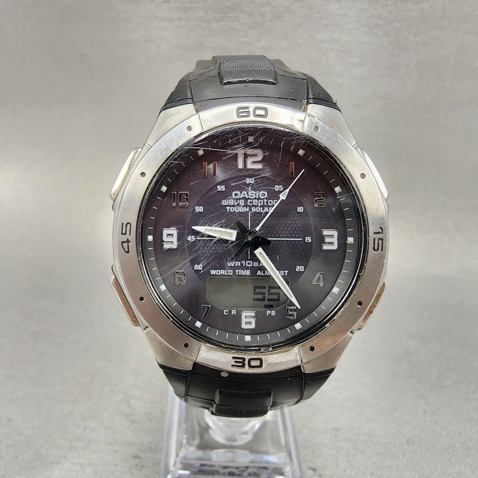 Casio Wave Ceptor Watch Men 42mm Black Dial Silver Tone Analog Digital Solar B120