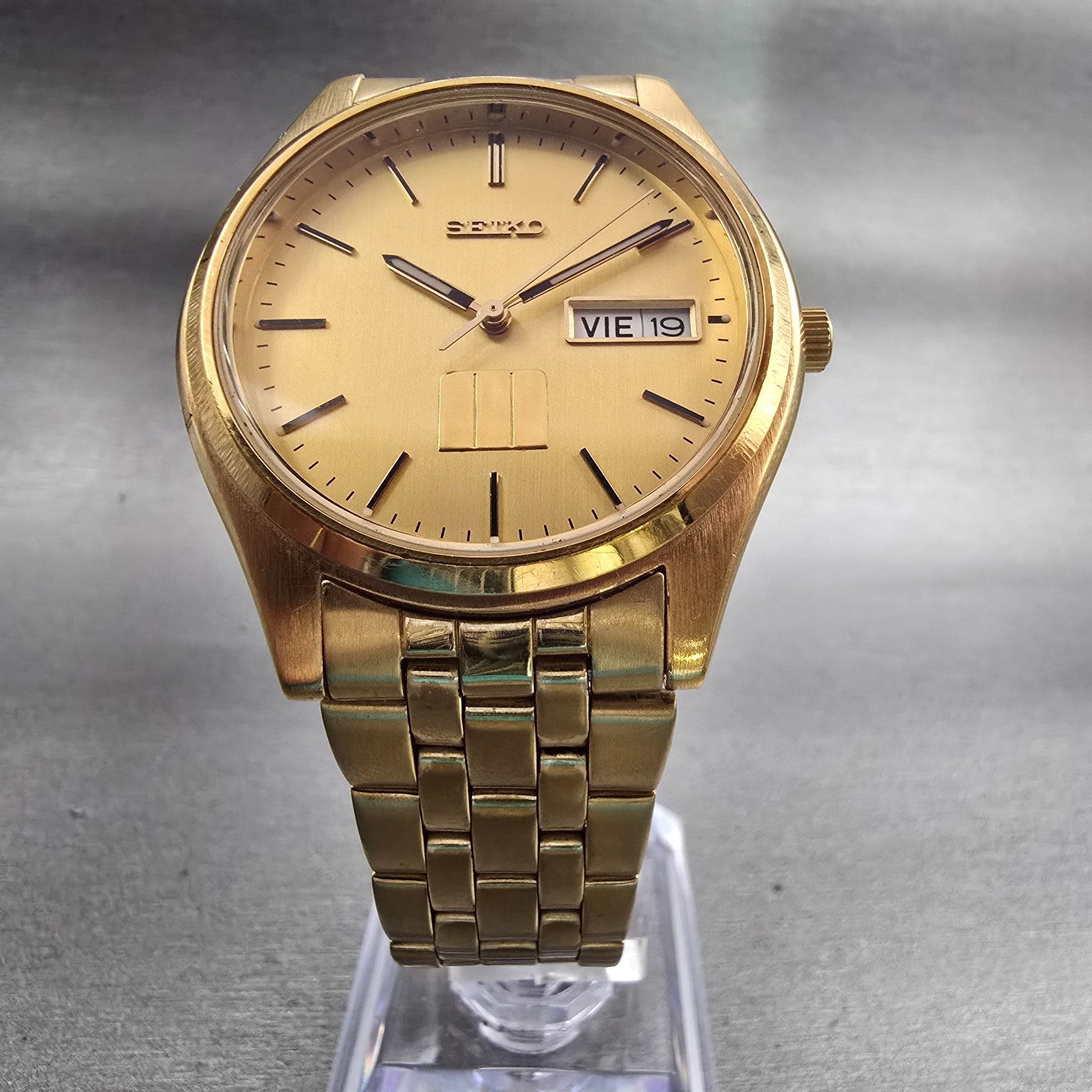 Seiko Watch Men 37mm Gold Dial Gold Tone Daydate Round 7N43-9048 New Battery VTG5