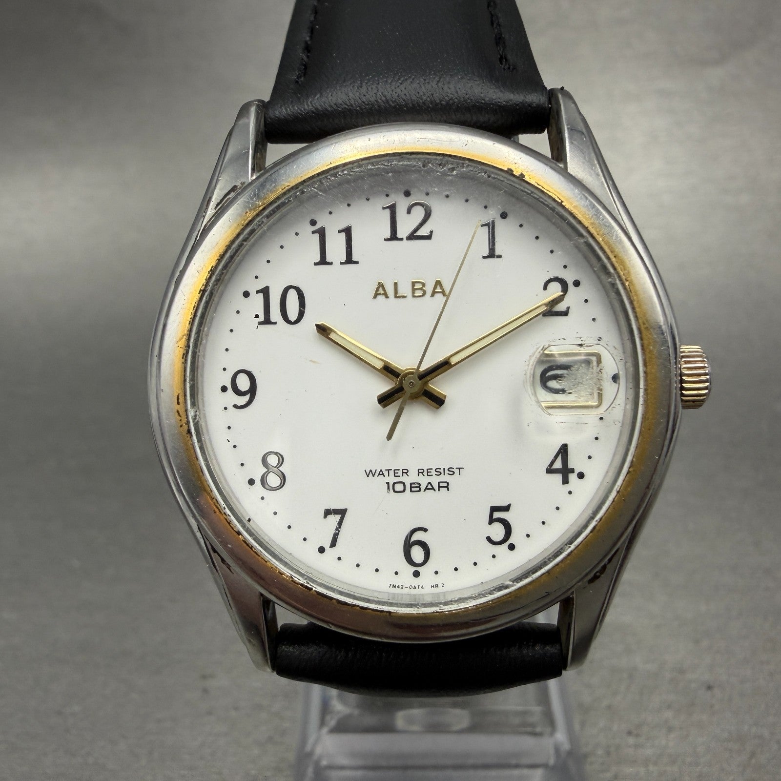 Seiko ALBA Watch Men 36mm White Dial Two Tone Date Round 7N42-0AD0 New Battery0